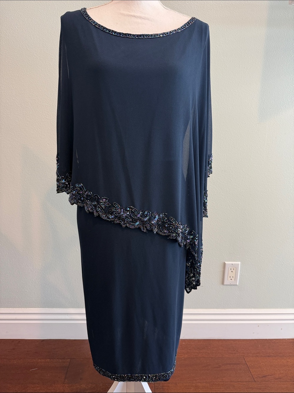 J Kara Navy Asymmetrical Beaded Overlay Dress Size 16 W ptp 23 to 25